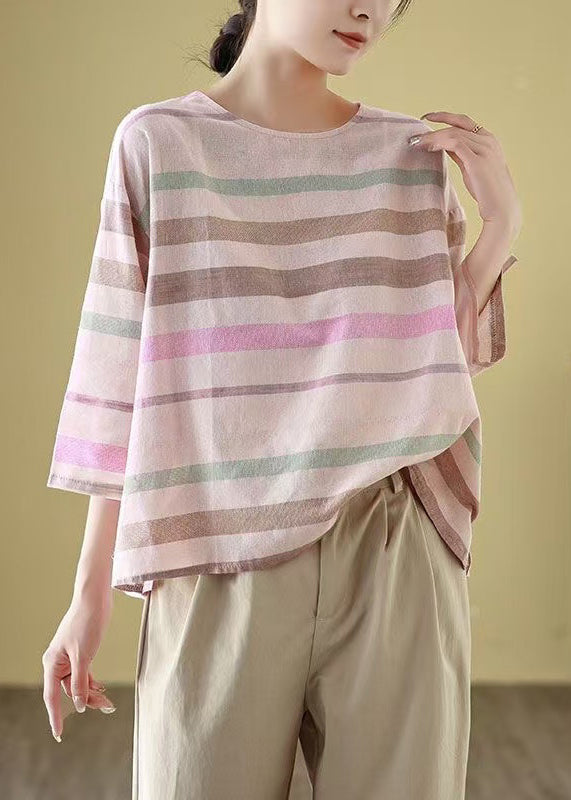 Linen Shirt Cozy Loose Neck Bracelet T Sleeve Striped O