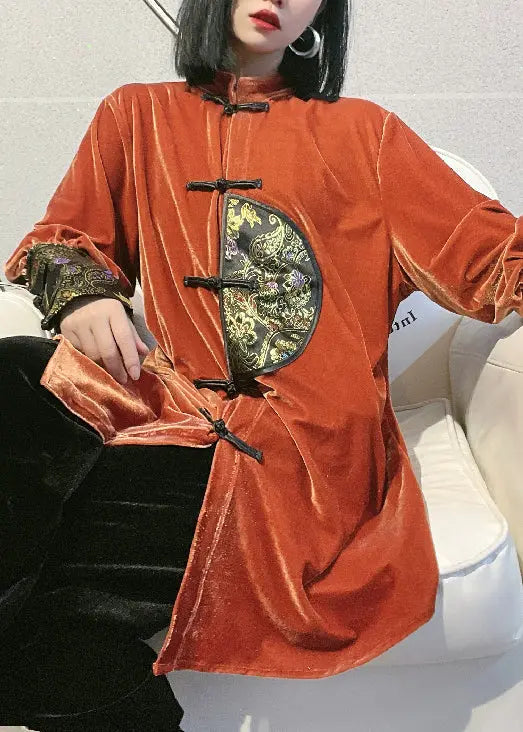 Loose Orange Embroidered Button Silk Velour Shirt Long Sleeve Ada Fashion