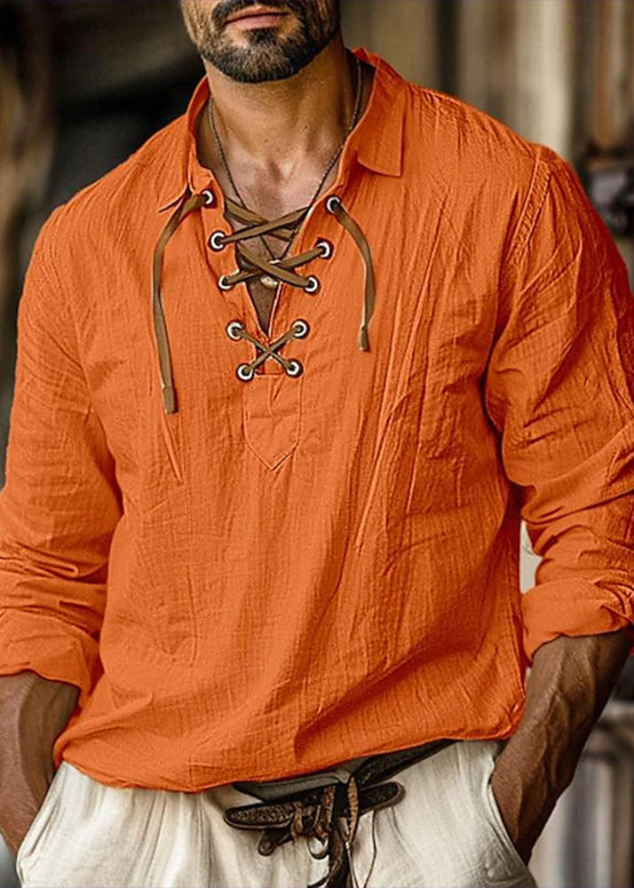 Cotton Fall Peter Men Orange Loose Shirt Pan Up Collar Lace