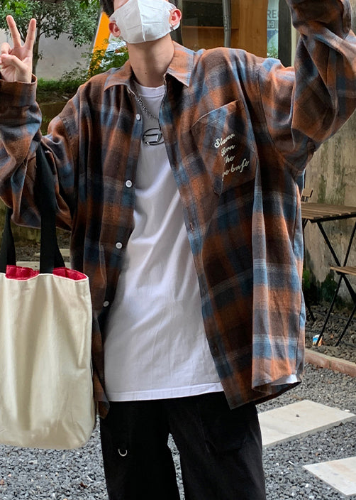 Collar Men Plaid Orange Pan Loose Cotton Spring Shirt Peter