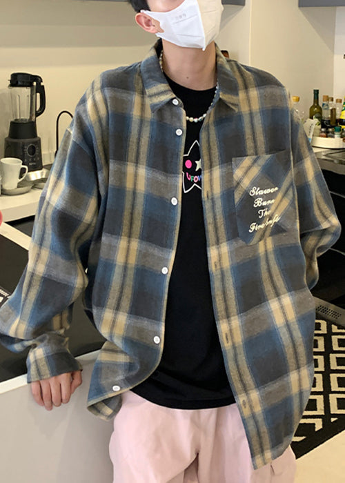 Collar Men Plaid Orange Pan Loose Cotton Spring Shirt Peter