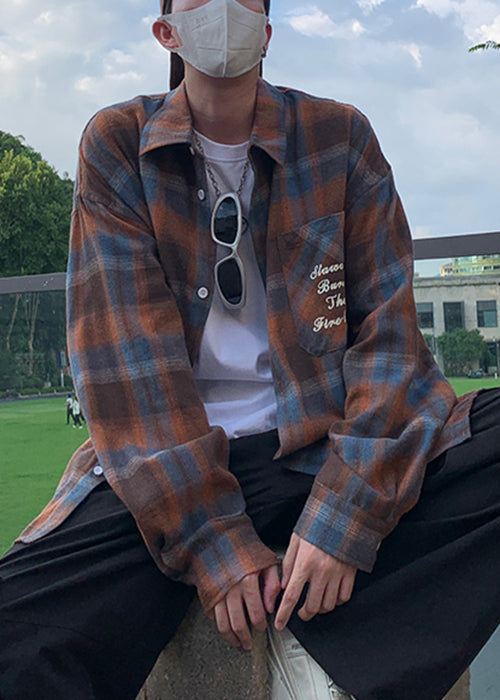 Collar Men Plaid Orange Pan Loose Cotton Spring Shirt Peter