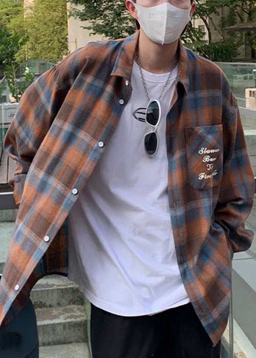 Collar Men Plaid Orange Pan Loose Cotton Spring Shirt Peter