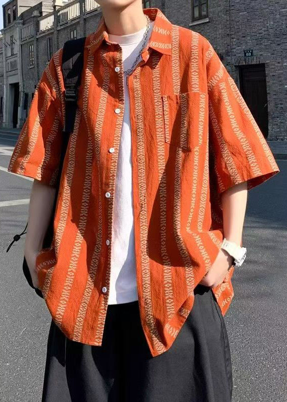 Summer Shirt Orange Men Pan Striped Loose Collar Cotton Peter