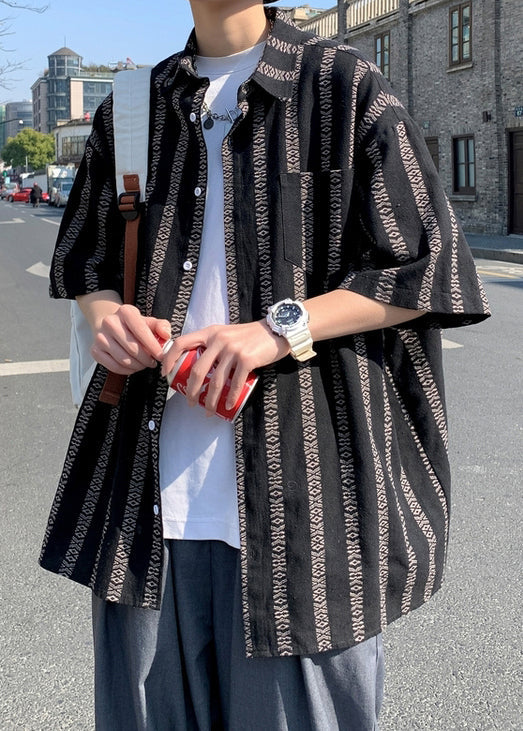 Summer Shirt Orange Men Pan Striped Loose Collar Cotton Peter