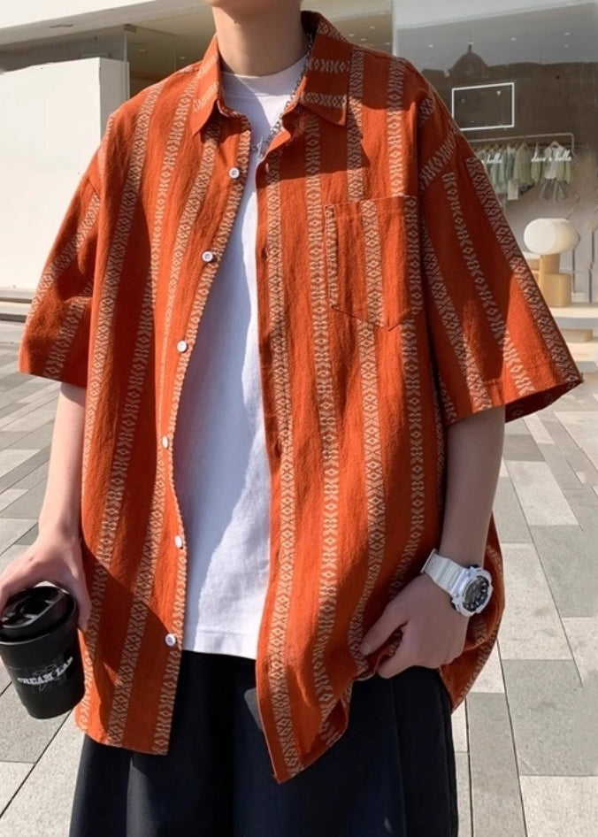 Summer Shirt Orange Men Pan Striped Loose Collar Cotton Peter