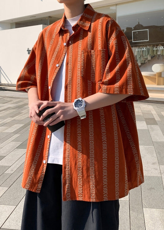 Summer Shirt Orange Men Pan Striped Loose Collar Cotton Peter
