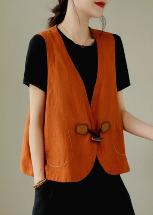 Linen Button Loose Sleeveless V Neck Orange Waistcoat