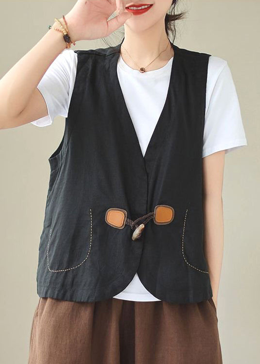 Linen Button Loose Sleeveless V Neck Orange Waistcoat