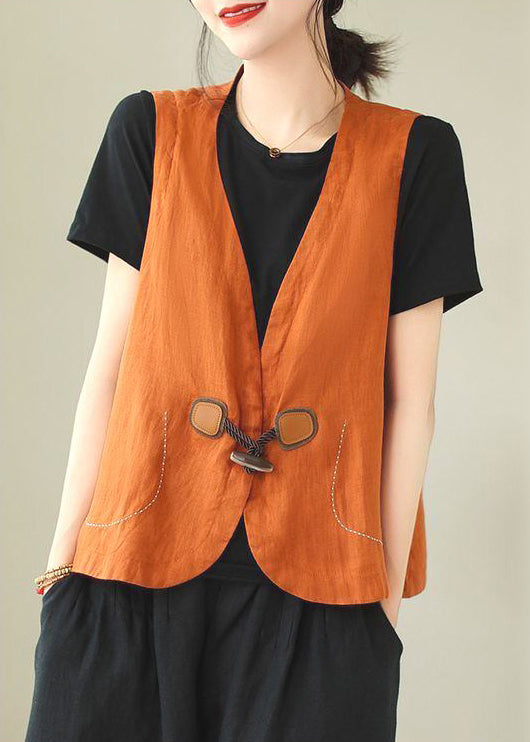 Loose V Linen Orange Neck Sleeveless Waistcoat Button