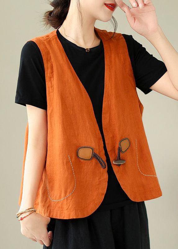 Loose V Linen Orange Neck Sleeveless Waistcoat Button