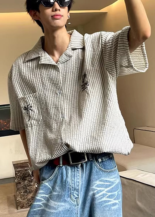 Striped Peter Summer Loose Shirts Pan Cotton Collar Mens Pockets