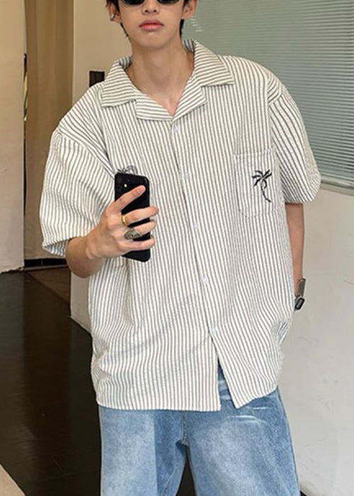 Striped Peter Summer Loose Shirts Pan Cotton Collar Mens Pockets