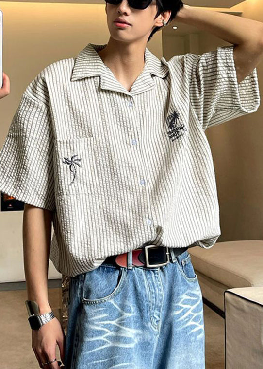 Striped Peter Summer Pockets Loose Pan Collar Cotton Shirts Mens