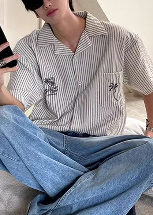 Striped Peter Summer Pockets Loose Pan Collar Cotton Shirts Mens