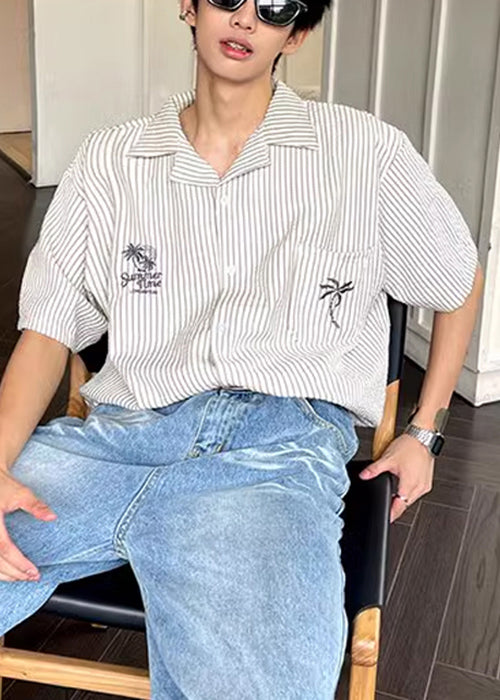 Striped Peter Summer Pockets Loose Pan Collar Cotton Shirts Mens