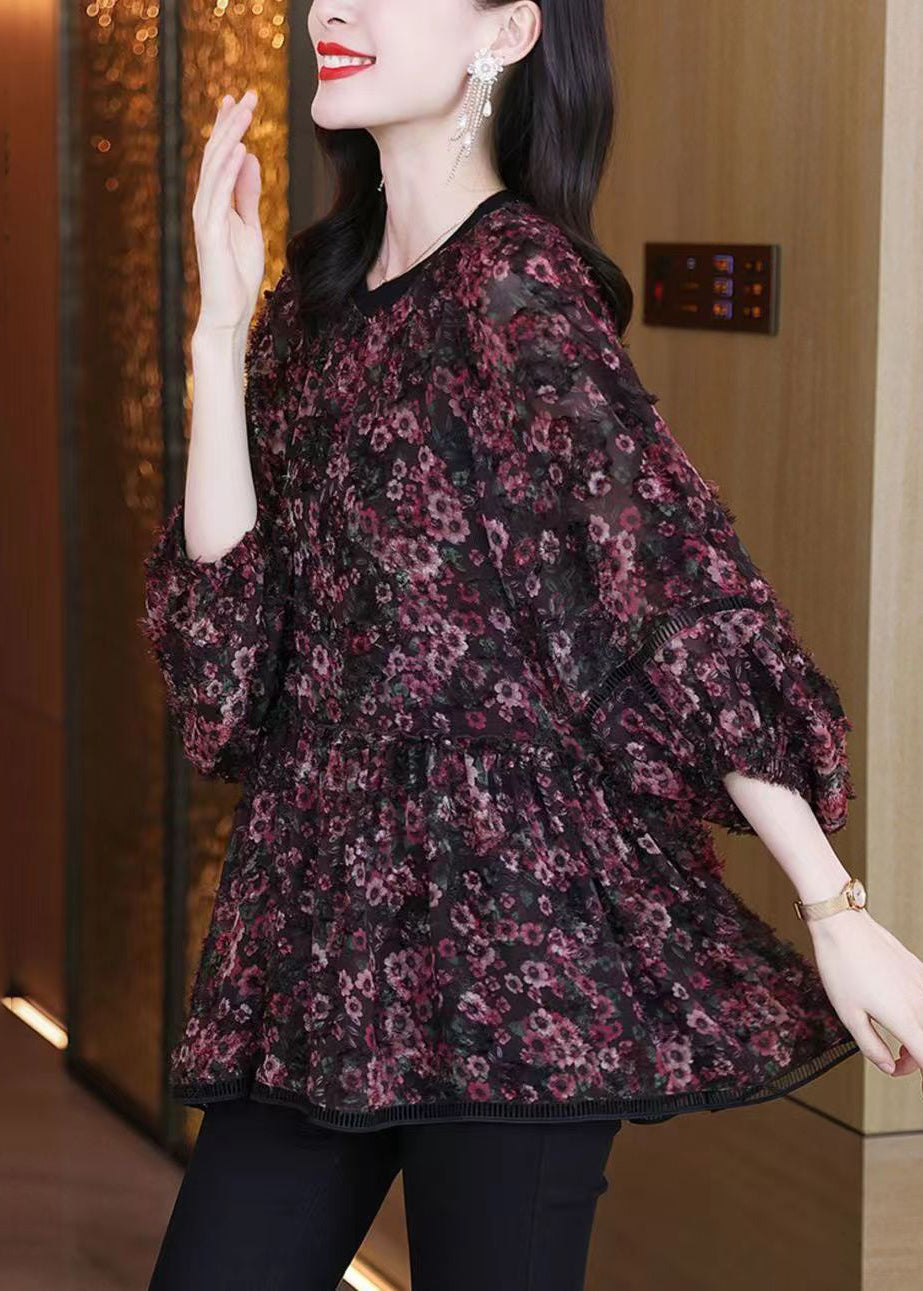 Loose Photo Color O Neck Print Chiffon Shirt Spring Ada Fashion