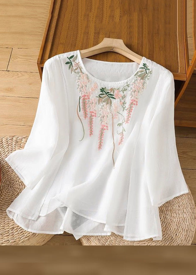 Embroidered Linen Loose Solid Bracelet Pink Sleeve Shirt T