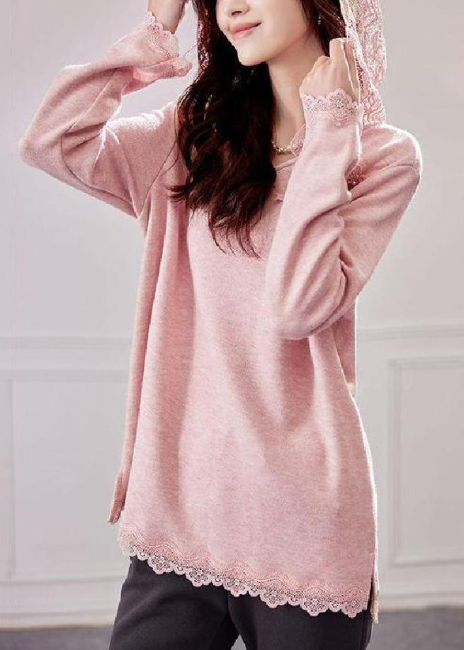 Knit Hooded Shirt Lace Patchwork Tops Spring Pink Loose