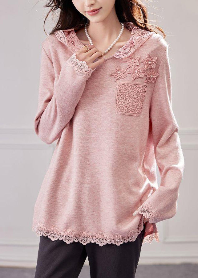 Knit Hooded Shirt Lace Patchwork Tops Spring Pink Loose