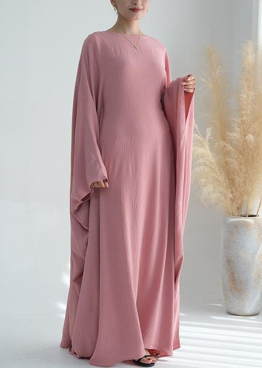 Loose Pink O Neck Solid Ice Silk Maxi Dresses Batwing Sleeve AA1051