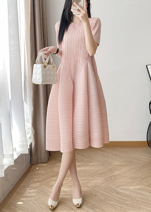 Cotton Loose O Wrinkled Neck Dresses Summer Pink