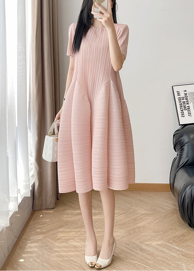 Cotton Loose O Wrinkled Neck Dresses Summer Pink