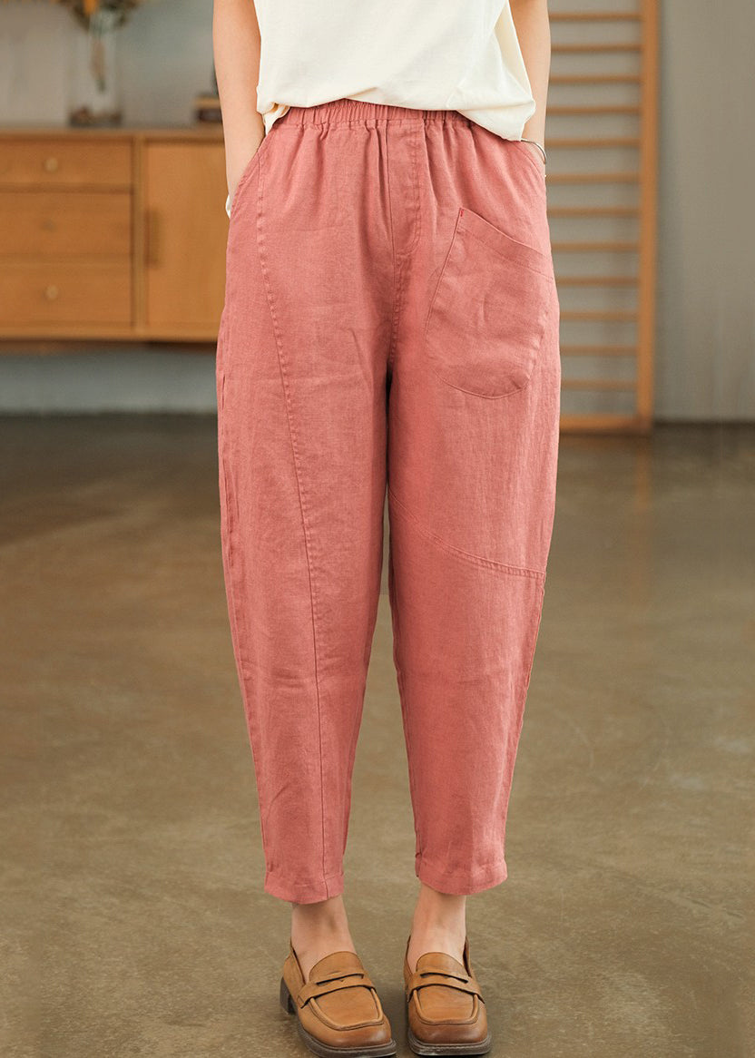 Solid Pants Pink Loose Crop Pockets Summer Linen