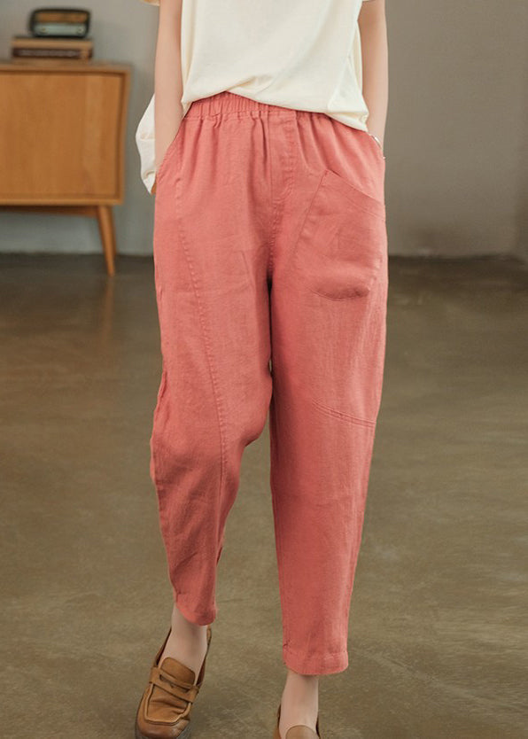 Solid Pants Pink Loose Crop Pockets Summer Linen