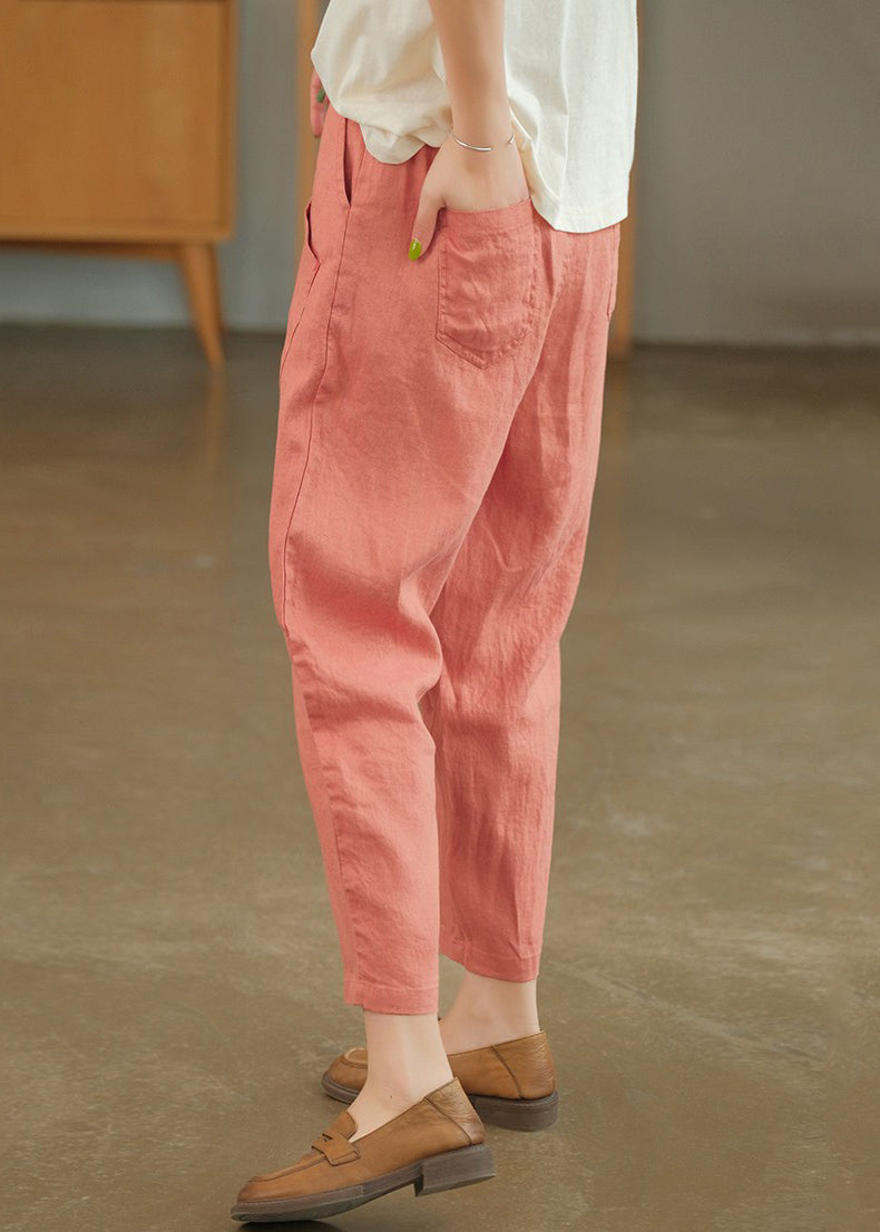Solid Pants Pink Loose Crop Pockets Summer Linen