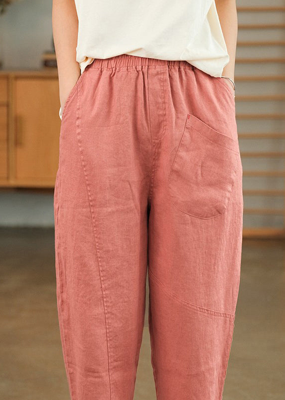 Solid Pants Pink Loose Crop Pockets Summer Linen