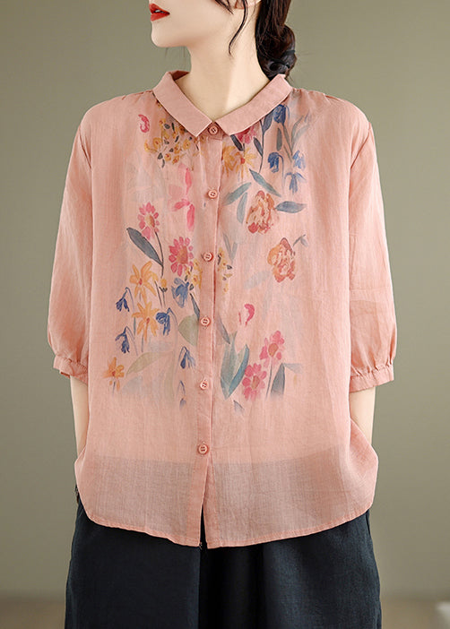 Blouses Sleeve Print Linen Loose Pink Half Button