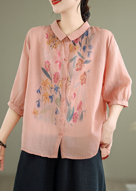 Linen Blouses Print Half Pink Sleeve Loose Button