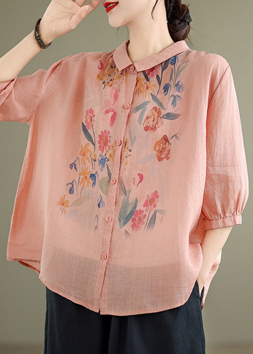 Linen Blouses Print Half Pink Sleeve Loose Button
