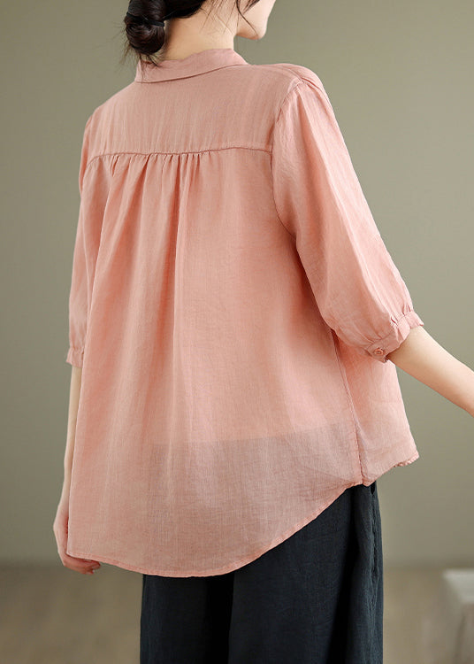 Linen Blouses Print Half Pink Sleeve Loose Button