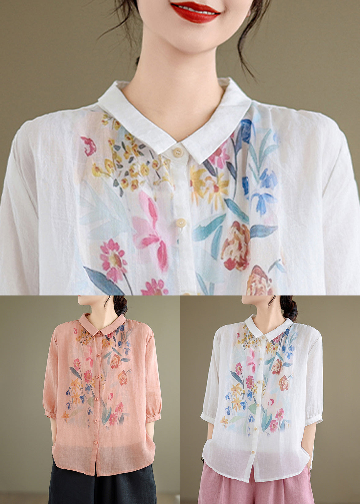 Blouses Sleeve Print Linen Loose Pink Half Button