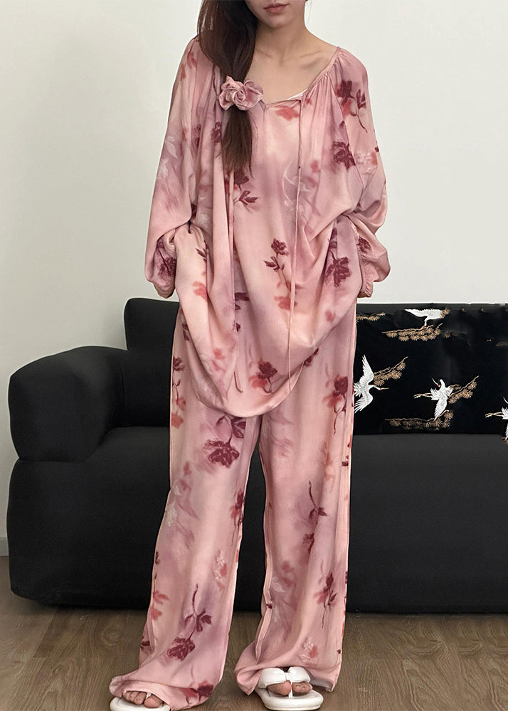 Print Pajamas Up Loose Fall Piece Pink Two Lace Cotton Set