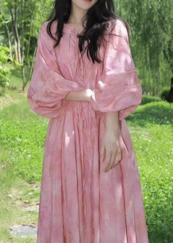 Ruffled Loose Dress Long Up Lantern Pink Sleeve Cotton Lace