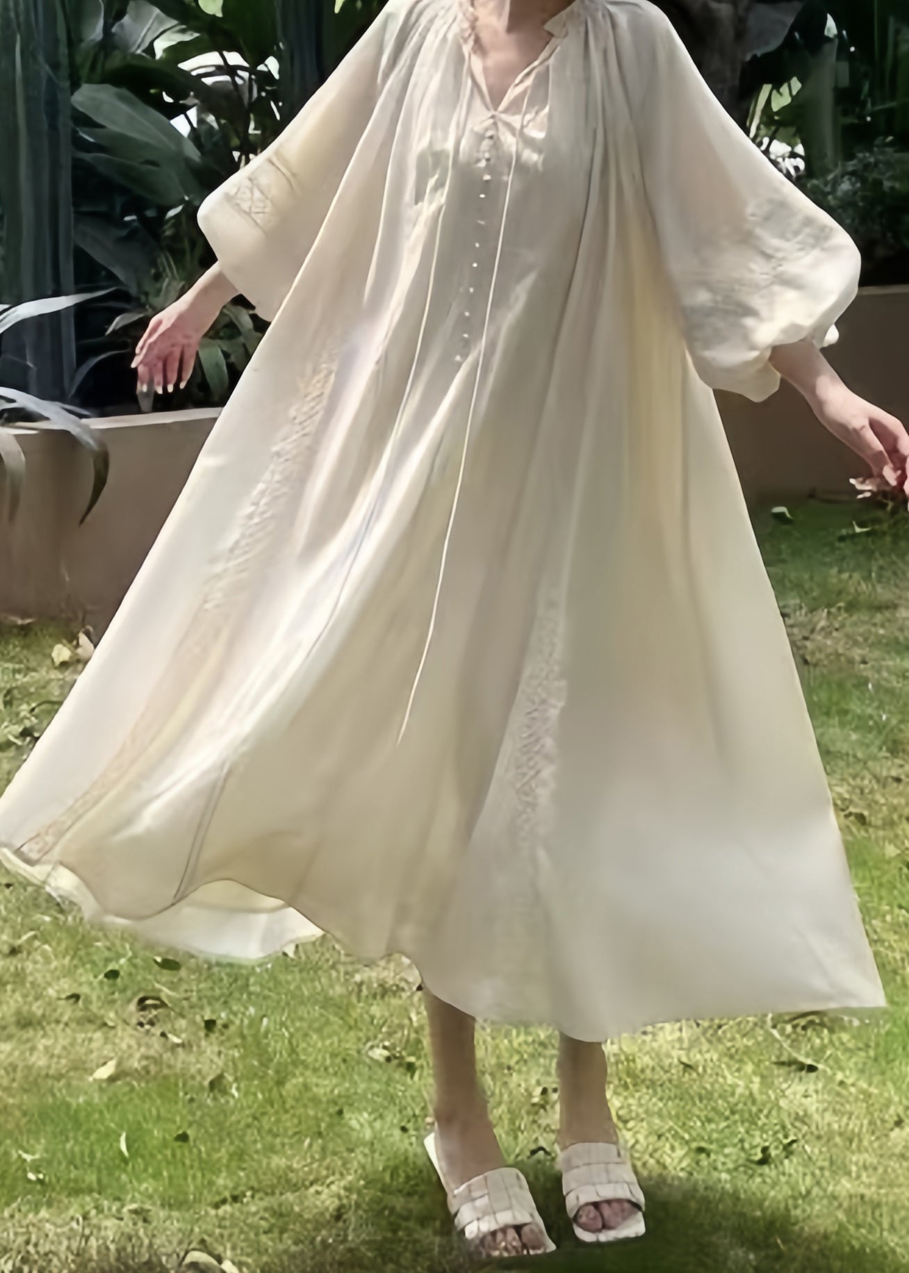 Ruffled Loose Dress Long Up Lantern Pink Sleeve Cotton Lace