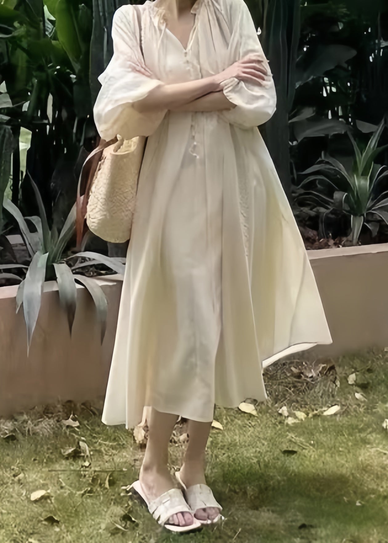 Ruffled Loose Dress Long Up Lantern Pink Sleeve Cotton Lace