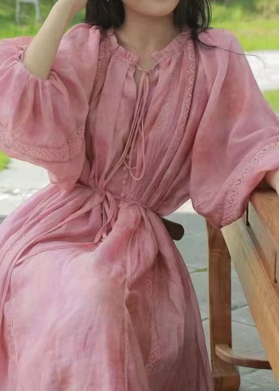 Ruffled Loose Dress Long Up Lantern Pink Sleeve Cotton Lace