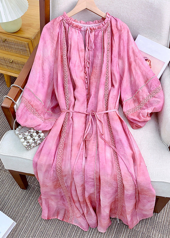 Ruffled Loose Dress Long Up Lantern Pink Sleeve Cotton Lace