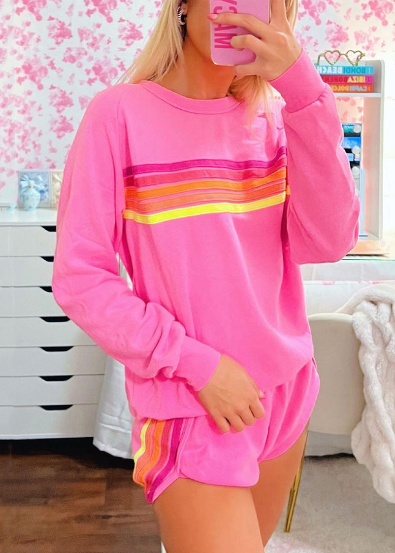 Shirt Pink Striped Set T And Two Shorts Loose Cotton Pieces