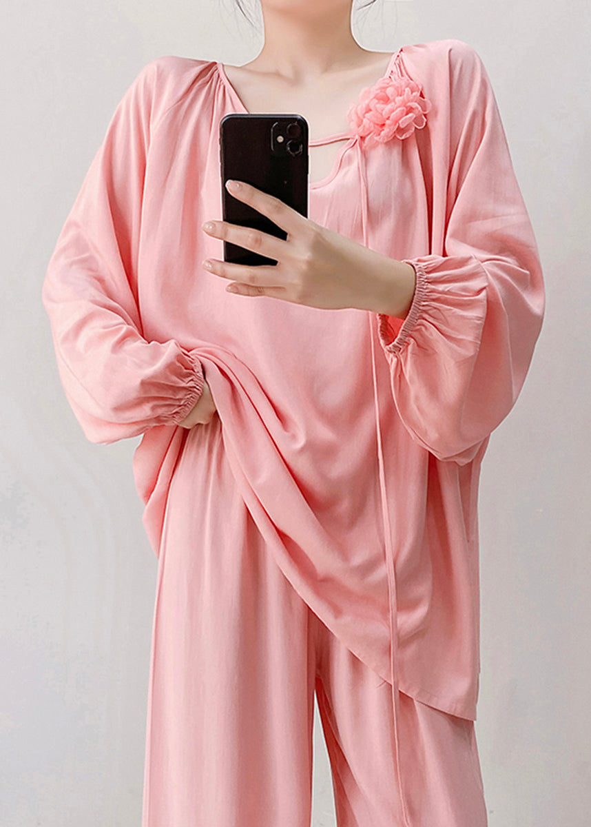 Pajamas Loose Pink Two Neck Floral V Fall Piece Set Cotton