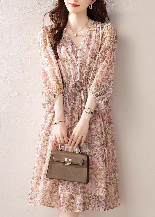 Drawstring Neck Pink Summer Dress Print Loose V Chiffon