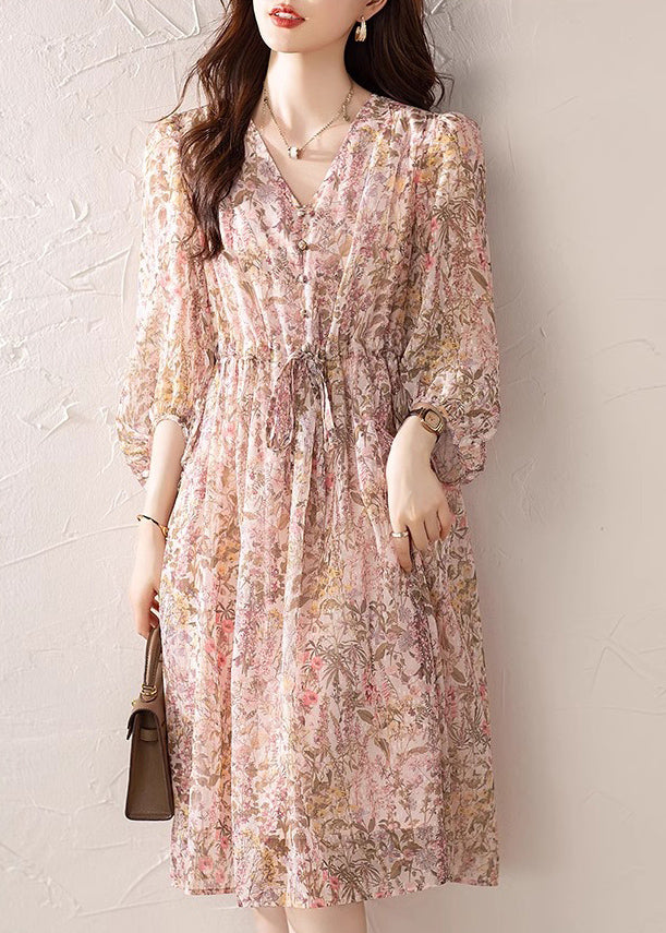 Drawstring Neck Pink Summer Dress Print Loose V Chiffon