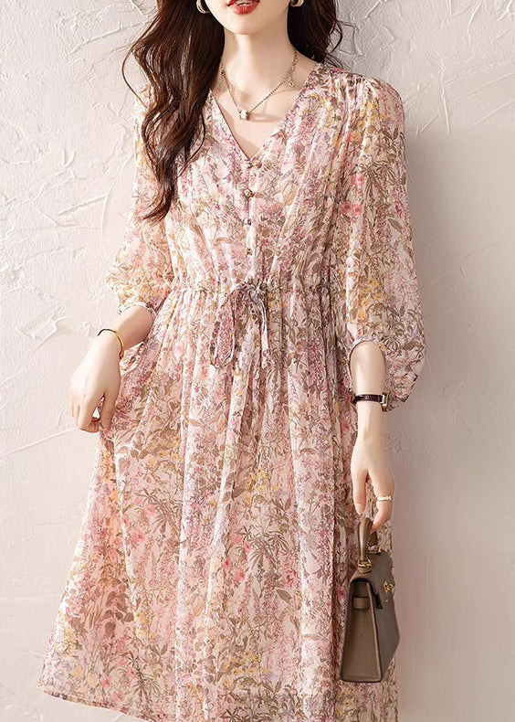Drawstring Neck Pink Summer Dress Print Loose V Chiffon