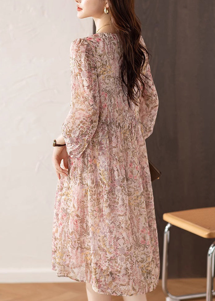 Drawstring Neck Pink Summer Dress Print Loose V Chiffon