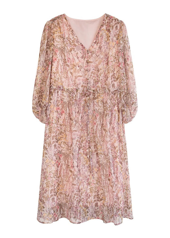 Drawstring Neck Pink Summer Dress Print Loose V Chiffon