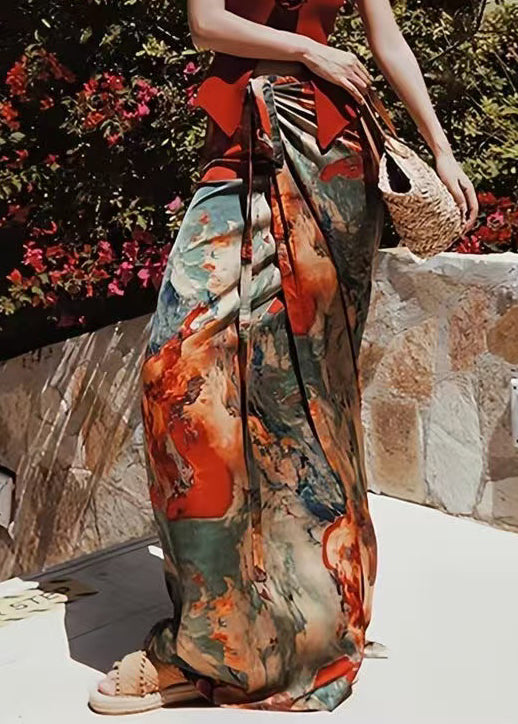 Summer Waist Print Silk Loose Lace High Up Skirts